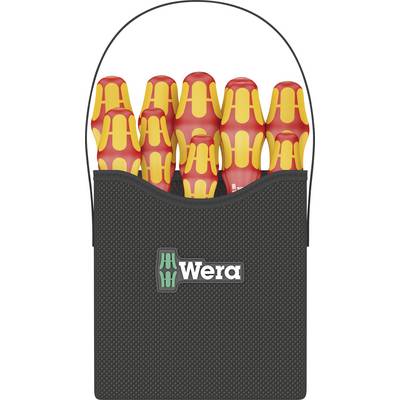 Un ensemble de six tournevis isolés dans un étui noir portant le logo 'Wera'. Les manches sont ornés de motifs rouge et jaune.