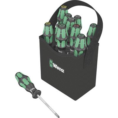 Un ensemble de neuf tournevis verts avec des poignées ergonomiques dans un étui noir, avec un tournevis supplémentaire à côté.