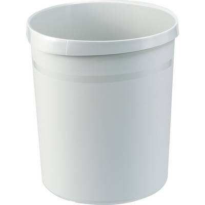 Un poubelle blanc en plastique, cylindrique et sobre, est debout.