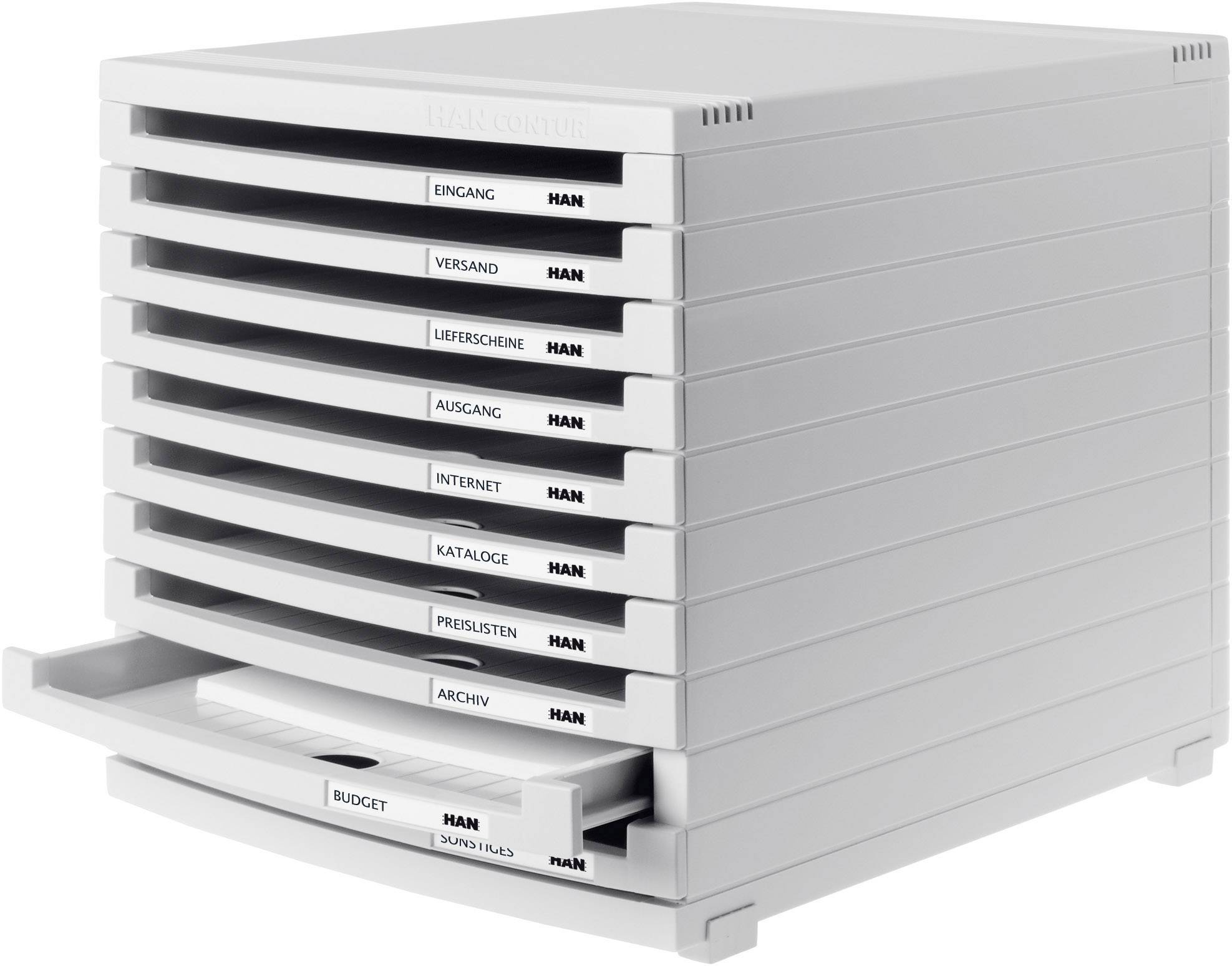 Un système de tiroirs gris composé de neuf tiroirs empilés les uns sur les autres, étiquetés de 'Entrée' à 'Archives', avec un tiroir ouvert.