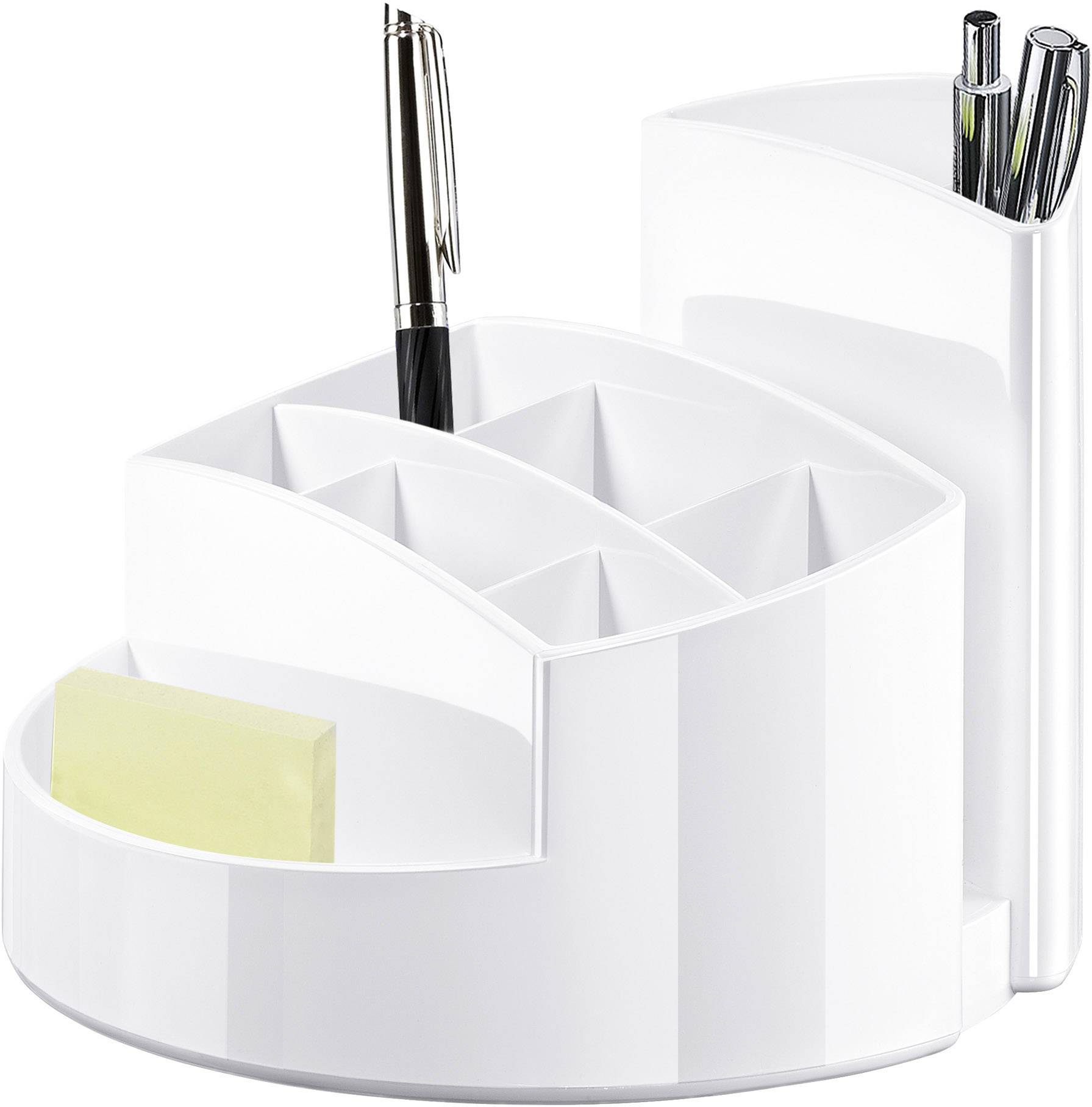 Organisateur de bureau blanc et rotatif avec plusieurs compartiments, rempli de stylos et de notes adhésives. Idéal pour l'organisation du bureau.