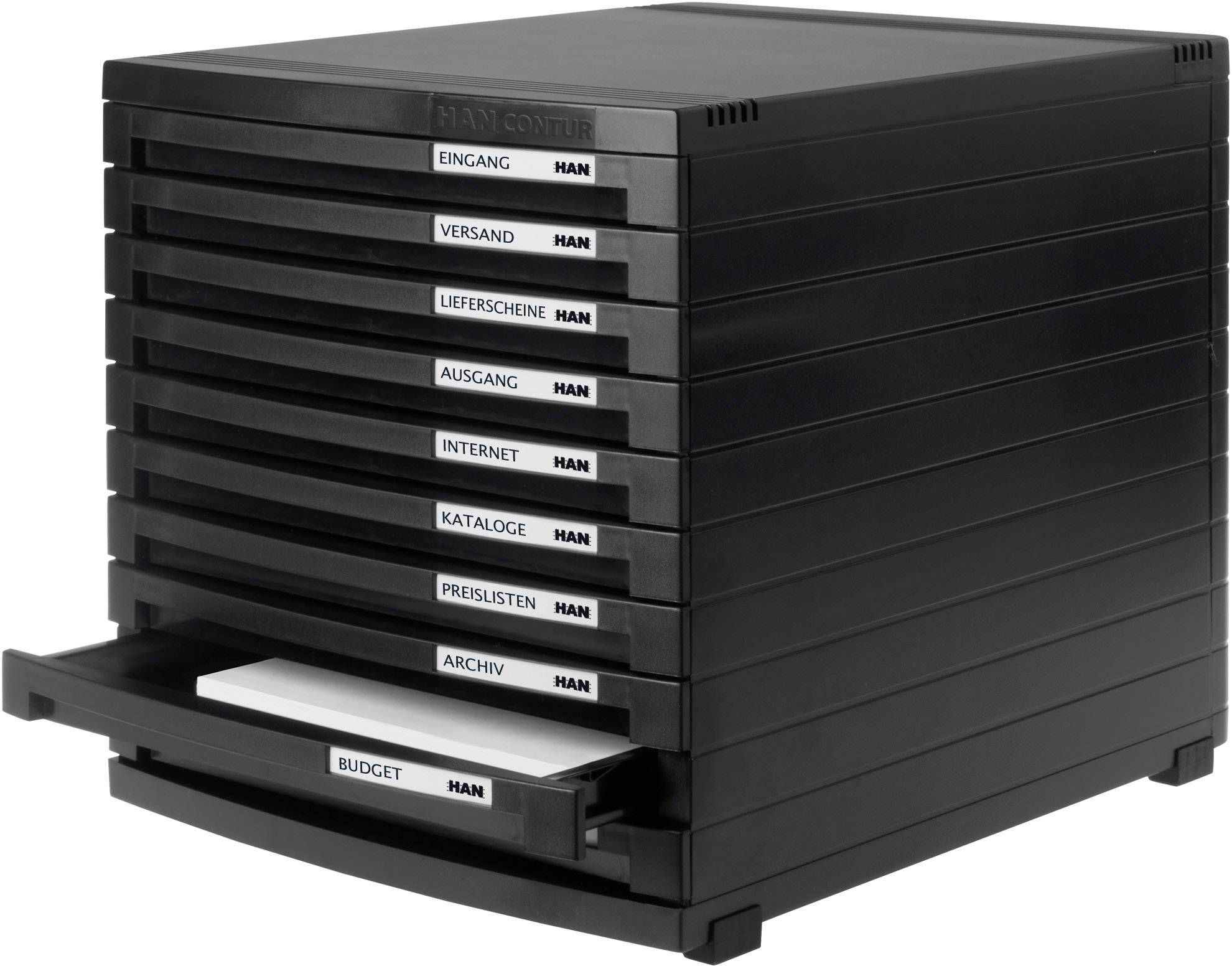 Tour de classement noir à dix tiroirs, étiquetés 'Entrée', 'Expédition', 'Bons de livraison', 'Sortie', 'Internet', 'Catalogues', 'Listes de prix', 'Archives', 'Budget'. Un tiroir est ouvert avec du papier.
