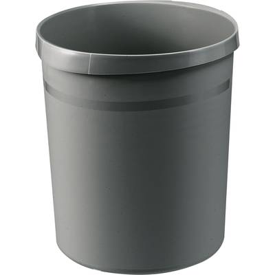 Une poubelle cylindrique grise en plastique est droite.