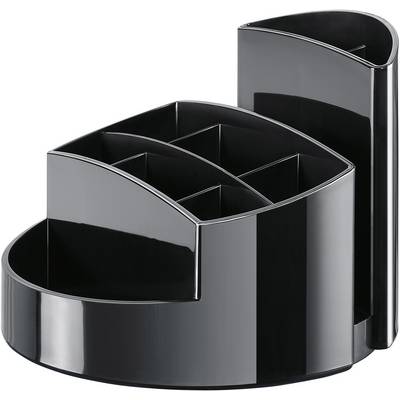 Organisateur de bureau noir rotatif avec compartiments pour articles de papeterie, adapté à un usage de bureau.