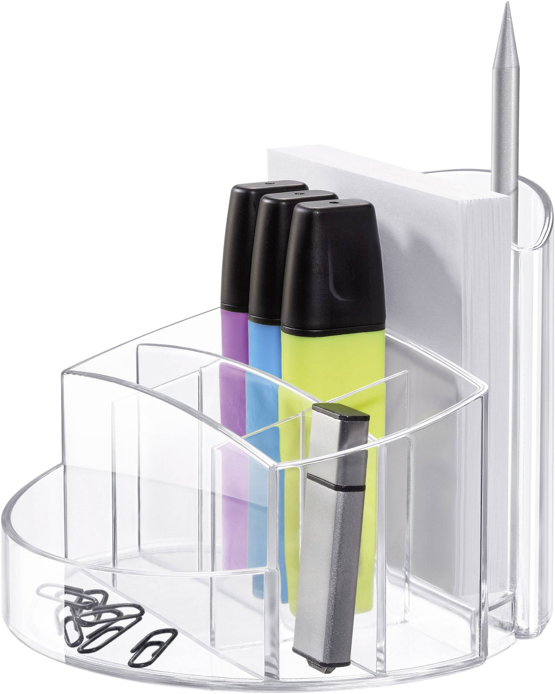 Un organiseur transparent avec des trombones, trois marqueurs de couleurs néon, un bloc de notes blanches et un stylo argenté.