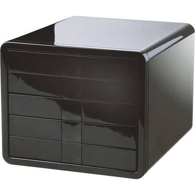 Un meuble de rangement noir, cubique, avec plusieurs tiroirs. Il présente une surface brillante et un design moderne.