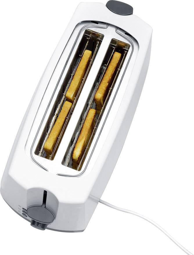 Un grille-pain blanc à deux fentes, vu de dessus, dans lequel du pain est en train de griller.