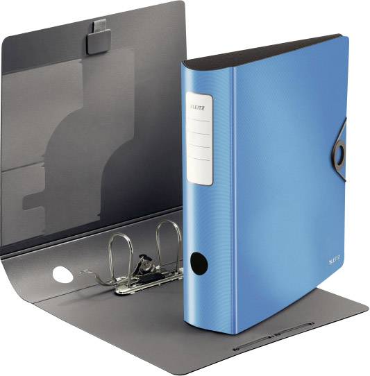 Classeur bleu debout, avec une vue intérieure ouverte en arrière-plan, montrant des mécanismes à anneaux métalliques pour le classement des documents.