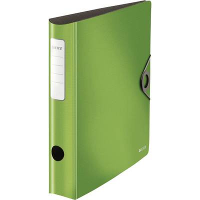Un classeur vert Leitz avec une étiquette au dos pour l'inscription. Le classeur est équipé d'un mécanisme à levier et est fermé.
