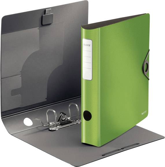 Classeur vert à mécanisme à levier, ouvert sur un fond noir, adapté au classement de documents.