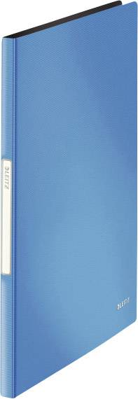 Un classeur bleu avec une étiquette, posé verticalement. Il a un dos étroit et une surface lisse.