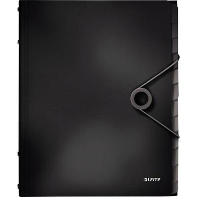 Un classeur noir Leitz avec bouton de fermeture. Le classeur dispose de côtés inclinés, ce qui est utile pour l'organisation des documents.