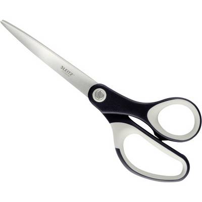 Une paire de ciseaux en argent de la marque Leitz, avec un manche noir, conçue de manière ergonomique pour une manipulation confortable lors de la coupe.
