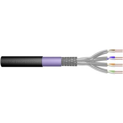 Une coupe transversale d'un câble Ethernet montre des paires torsadées blindées de fils de cuivre de différentes couleurs pour la transmission de données.