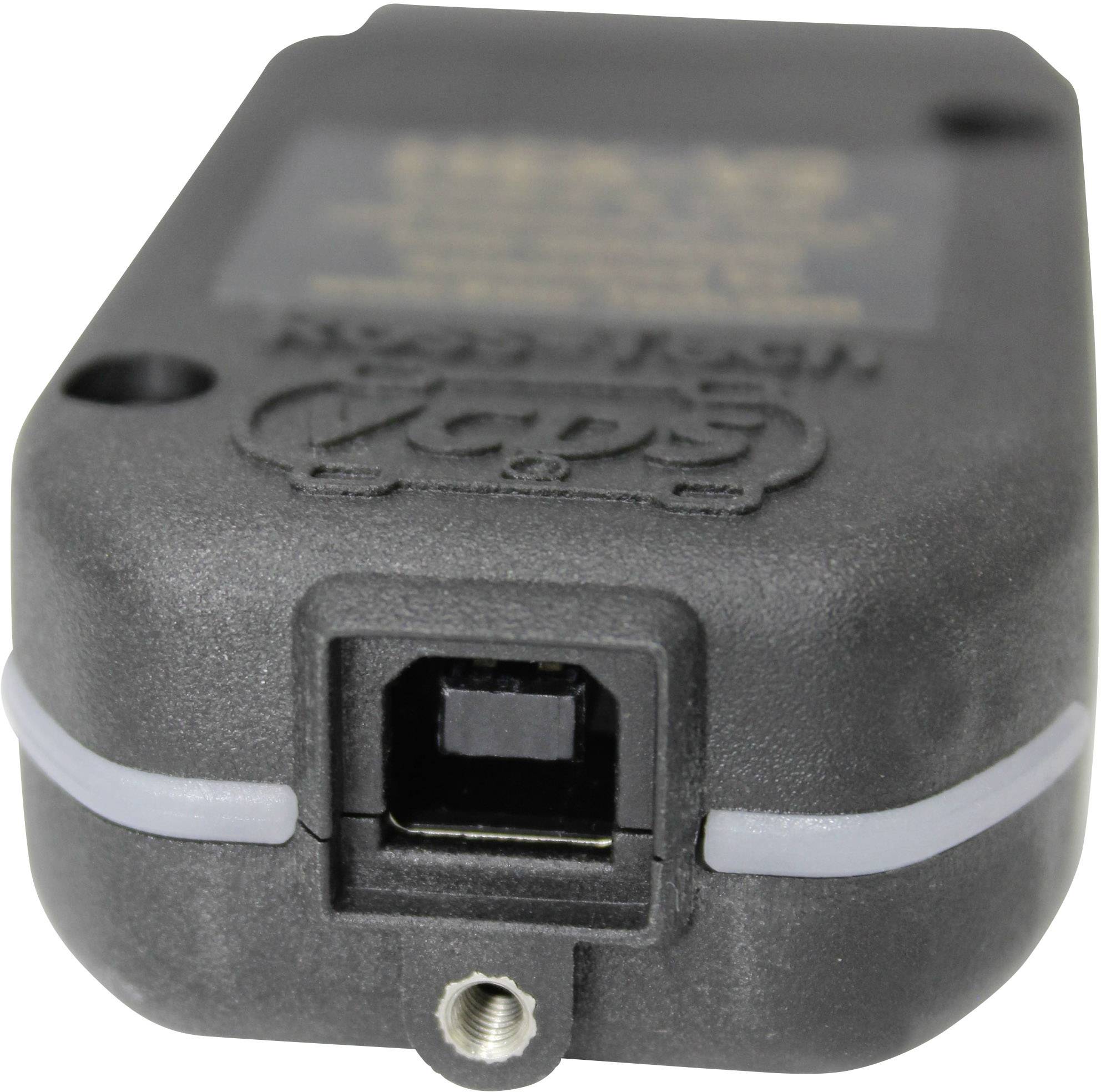 Un appareil électronique noir rectangulaire avec une prise carrée sur la façade et un support de vis enfoncé en dessous.