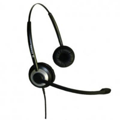 Un casque noir à deux écouteurs avec microphone, adapté aux appels téléphoniques ou aux réunions en ligne.