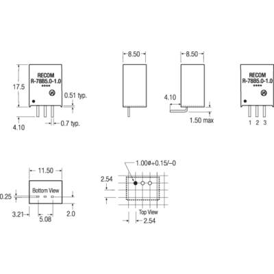 Schéma de câblage d'un composant électronique avec dimensions et positions des connexions. Trois vues montrent les côtés avant, latéral et inférieur.
