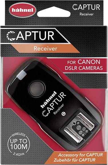 Une télécommande pour appareils photo reflex numériques Canon de Hähnel, modèle CAPTUR Receiver, sans fil avec une portée allant jusqu'à 100 mètres.