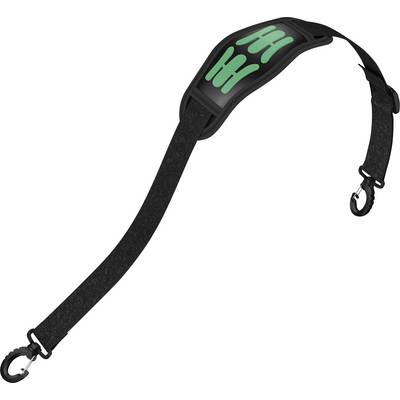Bandoulière noire avec surface de support texturée et rembourrée, équipée de deux mousquetons aux extrémités pour la fixation.