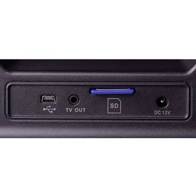 Gros plan des connecteurs : Mini-USB, sortie TV, emplacement pour carte SD et connecteur d'alimentation DC 12V.