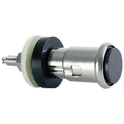 Interrupteur à bouton-poussoir métallique, à montage latéral, avec bouton noir et filetage de fixation, adapté aux applications électroniques.