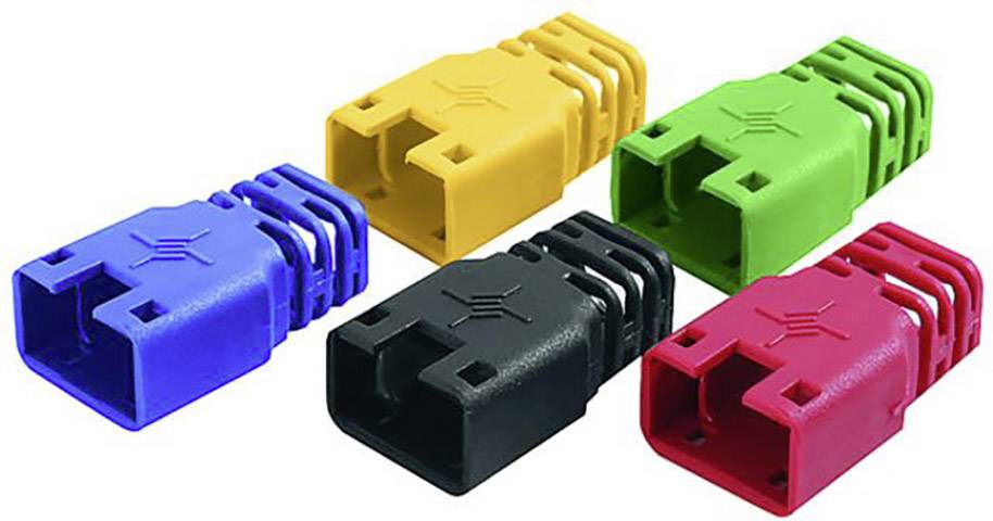 Cinq connecteurs électriques colorés en bleu, jaune, noir, vert et rouge, alignés côte à côte.
