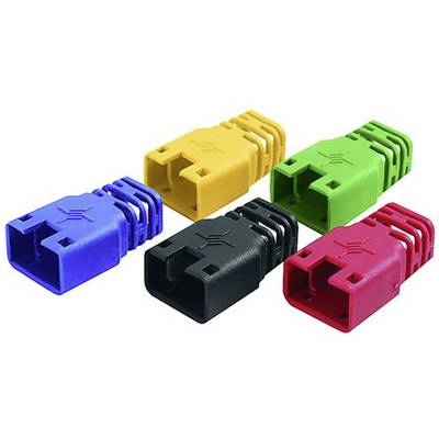 Cinq connecteurs électriques colorés en bleu, jaune, noir, vert et rouge, alignés côte à côte.