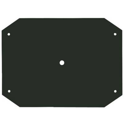 Une plaque métallique rectangulaire avec des coins biseautés et des trous à chaque angle, ainsi qu'un trou central.
