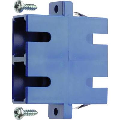 Un support mural bleu rectangulaire avec deux petites vis de fixation, adapté pour l'installation sécurisée de composants électriques.