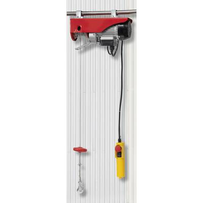 Un treuil électrique à boîtier rouge est fixé sur un rail métallique. En dessous pend une télécommande à poignée jaune.