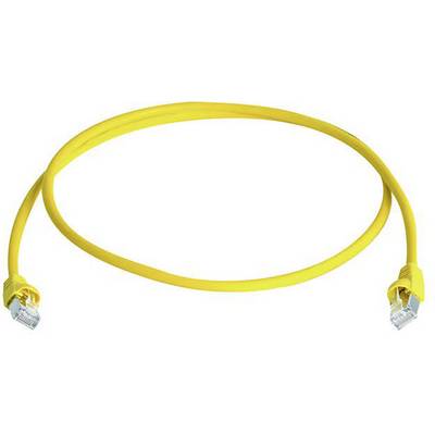Câble réseau jaune avec deux connecteurs RJ-45 montrant les possibilités de connexion pour les réseaux informatiques et internet.