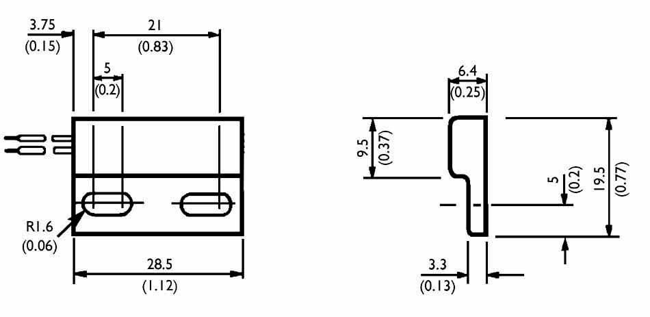Dessin technique d'une fiche électrique. Montre les dimensions et la forme avec des mesures marquées en millimètres et en pouces.