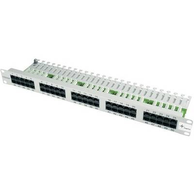 Panneau de brassage avec 50 ports Ethernet répartis sur deux rangées. Chaque port est numéroté. Le panneau est conçu pour l'organisation des câbles réseau dans une armoire serveur.