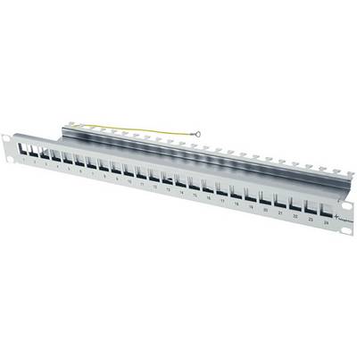 Panneau de brassage avec 24 ports, numérotés de 1 à 24, et câble de mise à la terre. Utilisé pour l'organisation et la gestion des câbles réseau.
