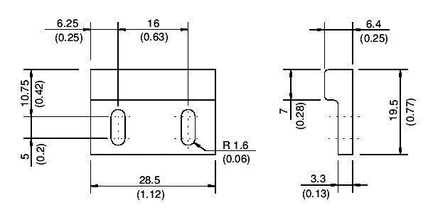 Dessin technique d'un composant rectangulaire avec des dimensions en millimètres et en pouces, montrant des détails tels que les positions des trous et les arrondis.