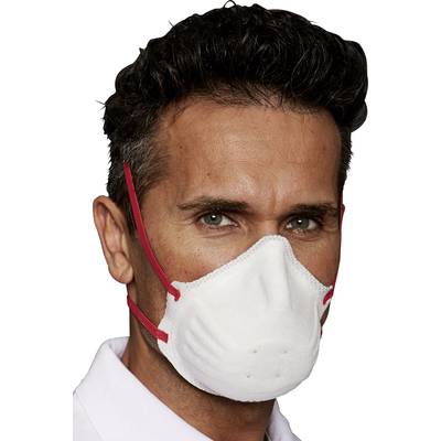 Une personne porte un masque de protection blanc avec des rubans rouges. Seule la tête est visible, le fond est neutre.