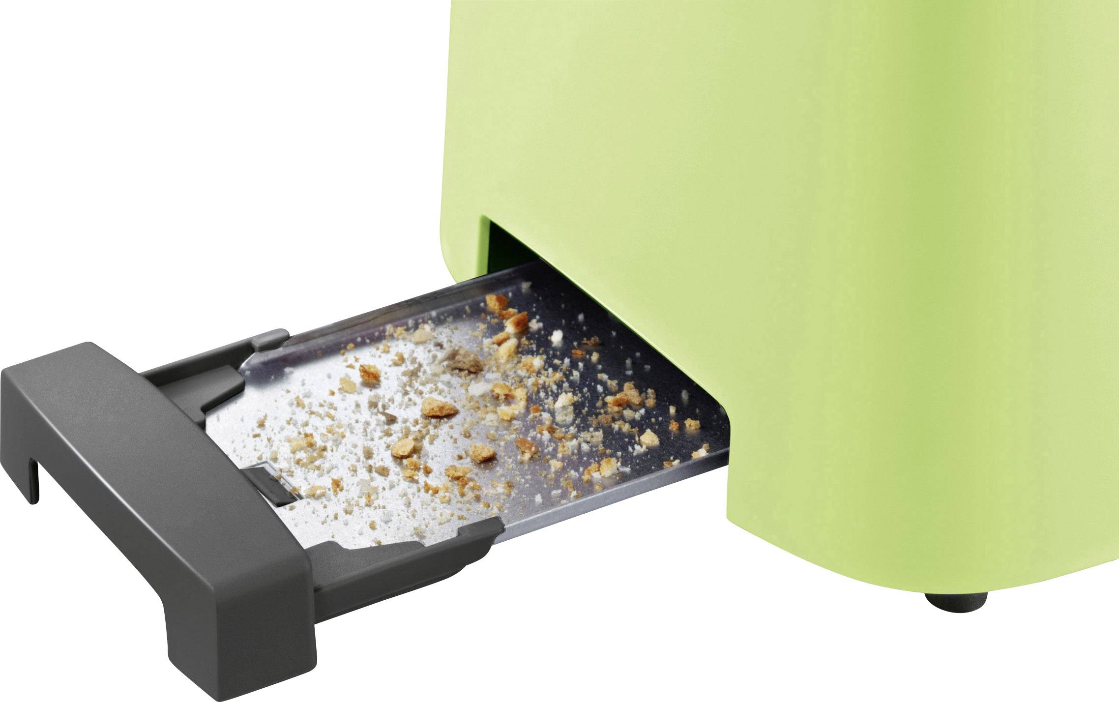 Un grille-pain vert avec un bac à miettes coulissant, rempli de miettes.