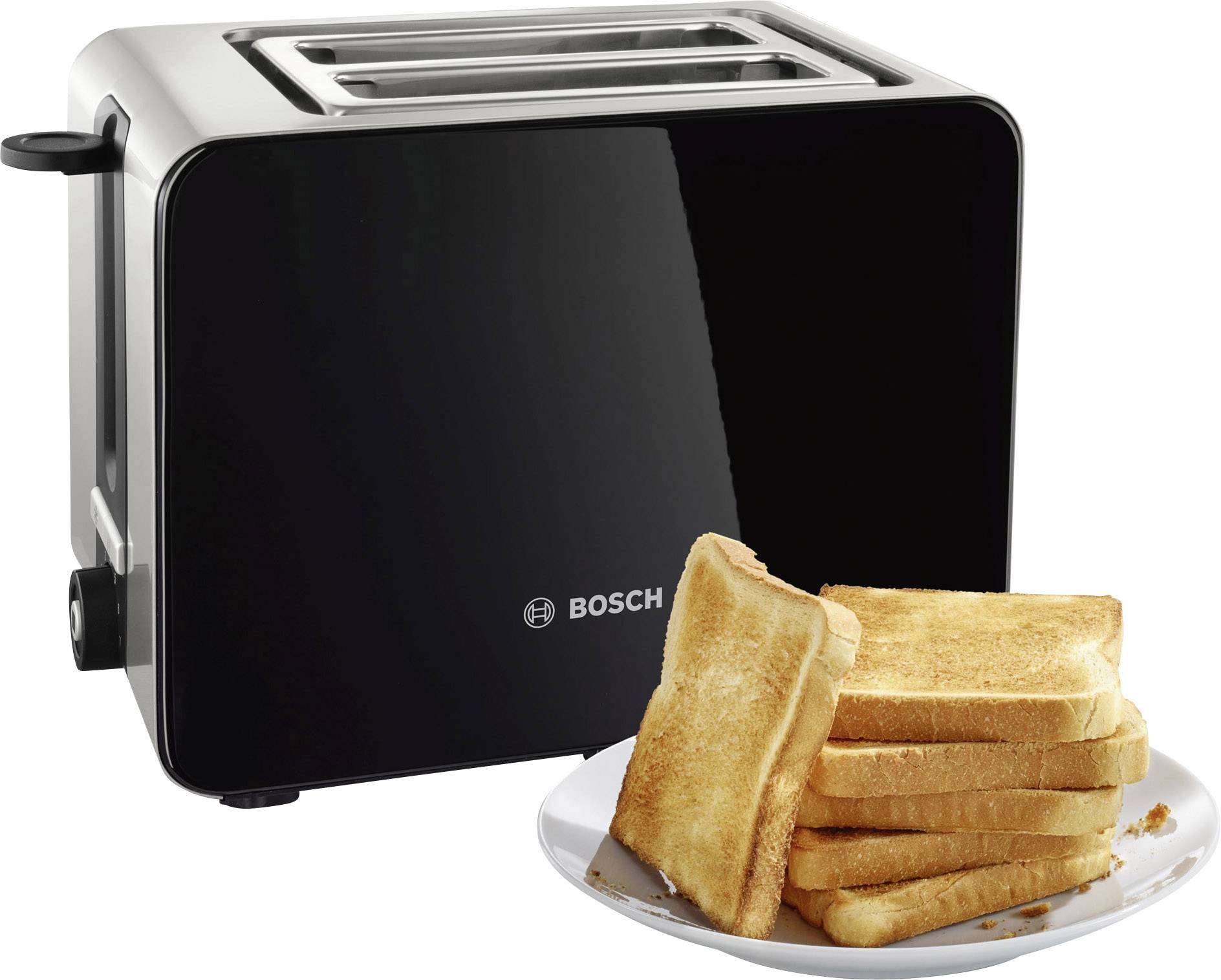 Un grille-pain noir à deux fentes de Bosch, à côté d'une assiette avec une pile de tranches de pain dorées et croustillantes.