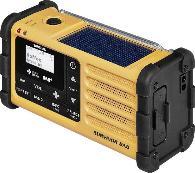 Un radio portable jaune avec un panneau solaire et une manivelle. L'écran affiche 'Koffee - Time to Chill'.