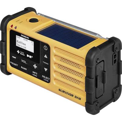 Un radio portable jaune avec un panneau solaire et une manivelle. L'écran affiche 'Koffee - Time to Chill'.