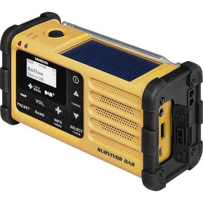 Radio portable DAB jaune avec panneau solaire, coins de protection en caoutchouc et affichage indiquant la station 'Koffee - Time to Chill'.