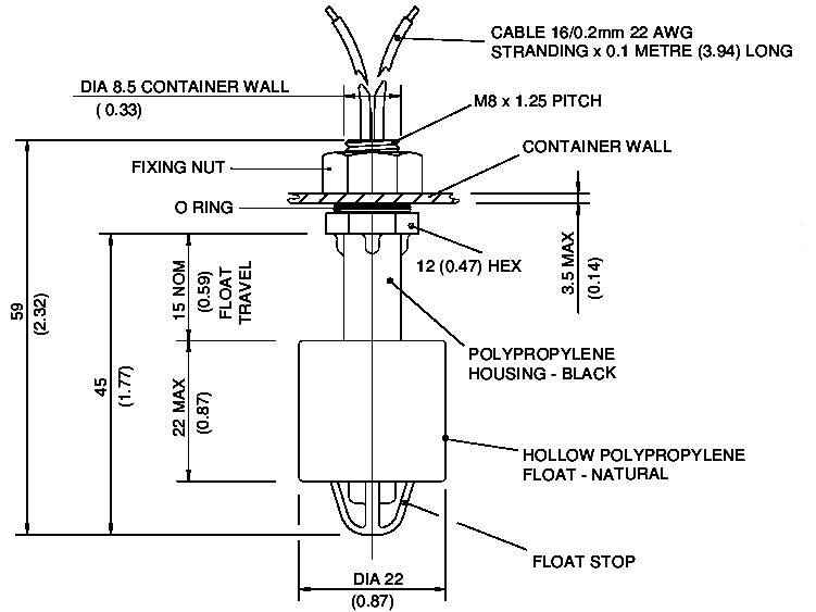 Dessin technique d'un interrupteur à flotteur. Présente les dimensions, les informations sur les matériaux et les marquages pour l'installation et le fonctionnement.
