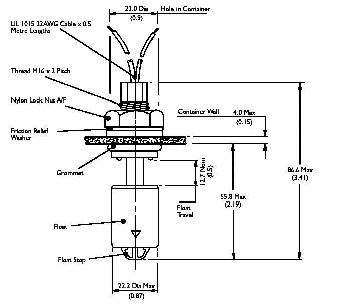 Dessin technique d'un interrupteur à flotteur avec dimensions : hauteur de 86,6 mm, diamètre de 22,2 mm. Comprend les mesures et le type de filetage.