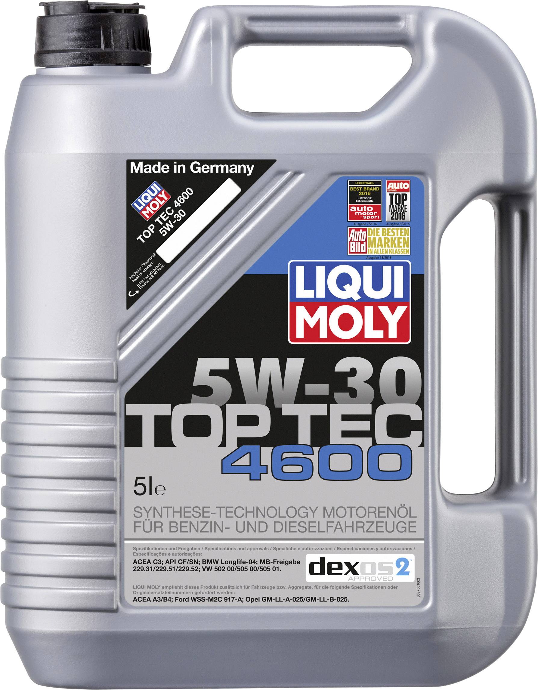 Bidon de 5 litres d'huile moteur Liqui Moly 5W-30 Top Tec 4600, adapté aux véhicules essence et diesel. Comprend des spécifications et des certificats.