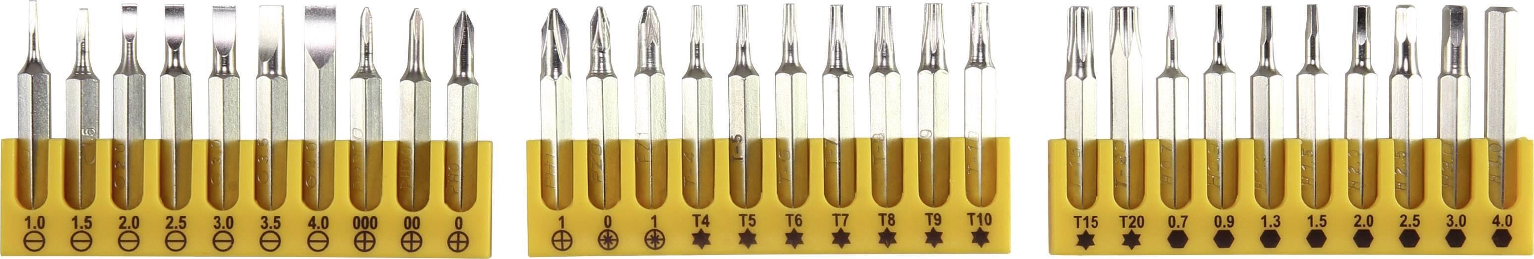 'Jeu de 12 embouts de tournevis différents dans un support jaune. Comprend des embouts à fente, cruciformes et Torx de différentes tailles.'