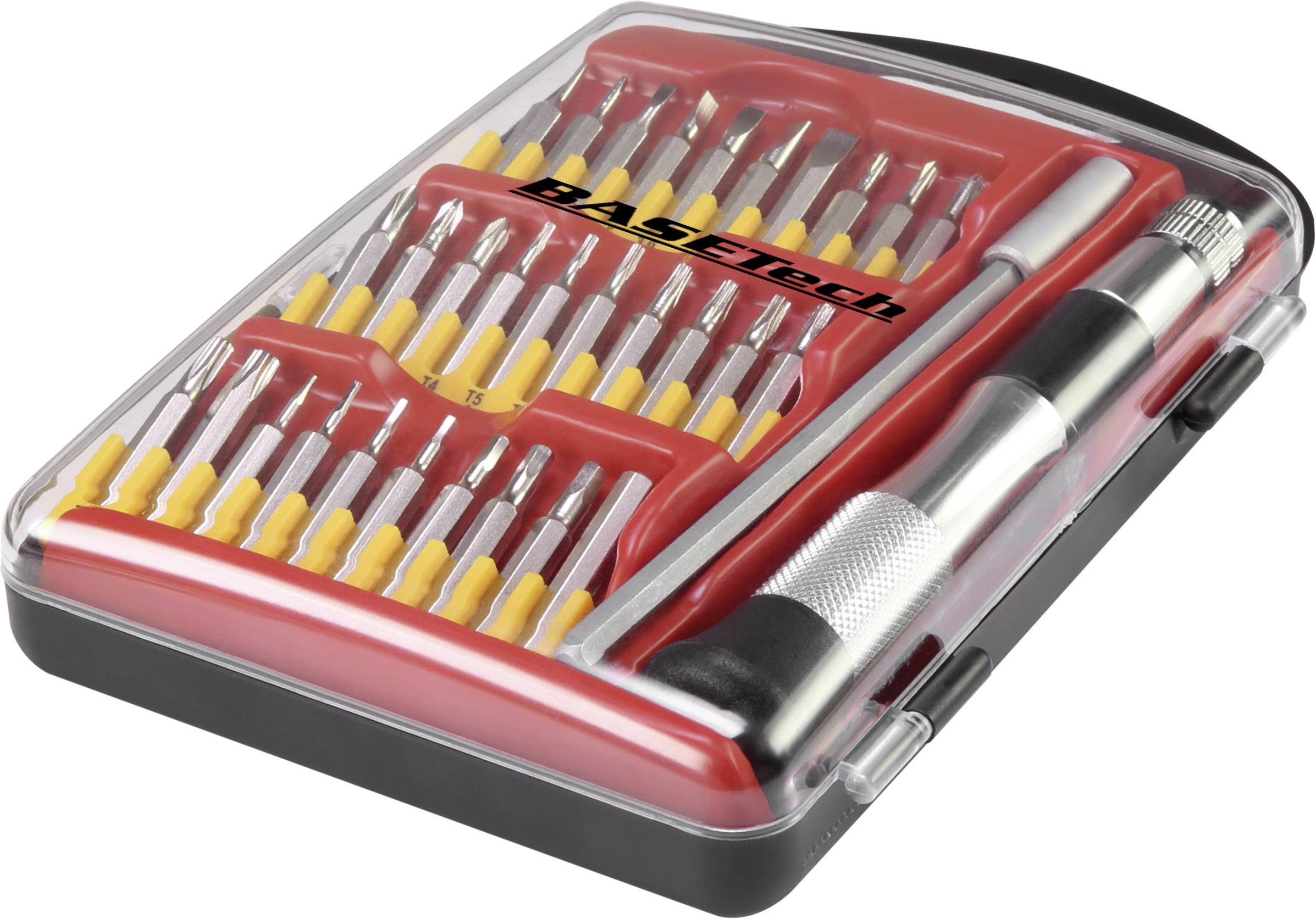 'Ensemble de tournevis de précision avec différents embouts dans un boîtier de rangement rouge, adapté aux réparations électroniques.'