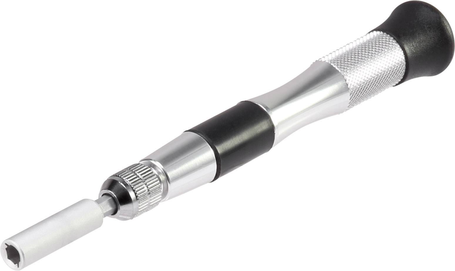 Une poignée de tournevis en argent avec un manche noir et un embout interchangeable, utilisée pour des travaux de précision.