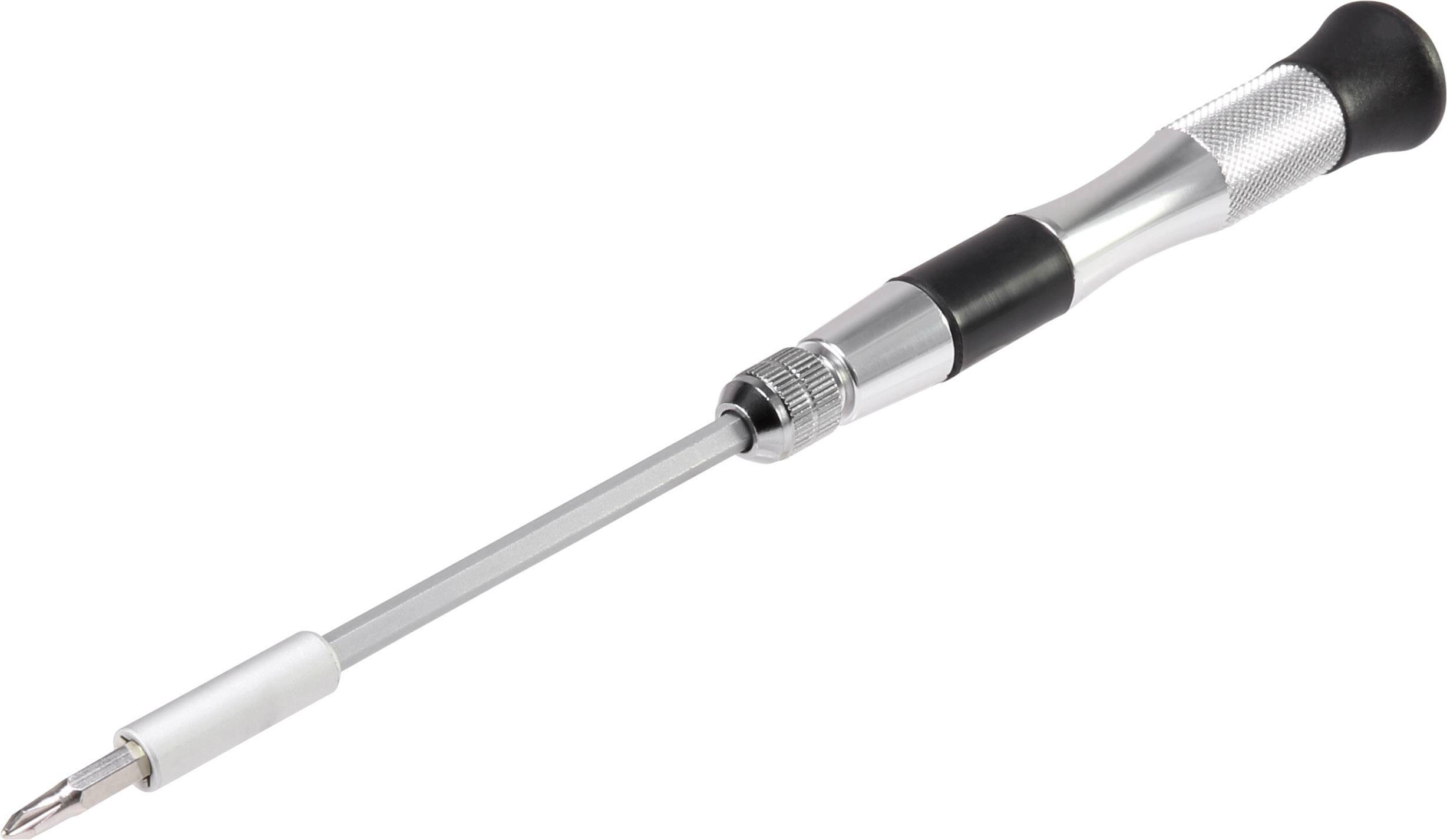 Tournevis fin avec poignée ergonomique et embout interchangeable, adapté aux travaux de précision sur les petits appareils électroniques.