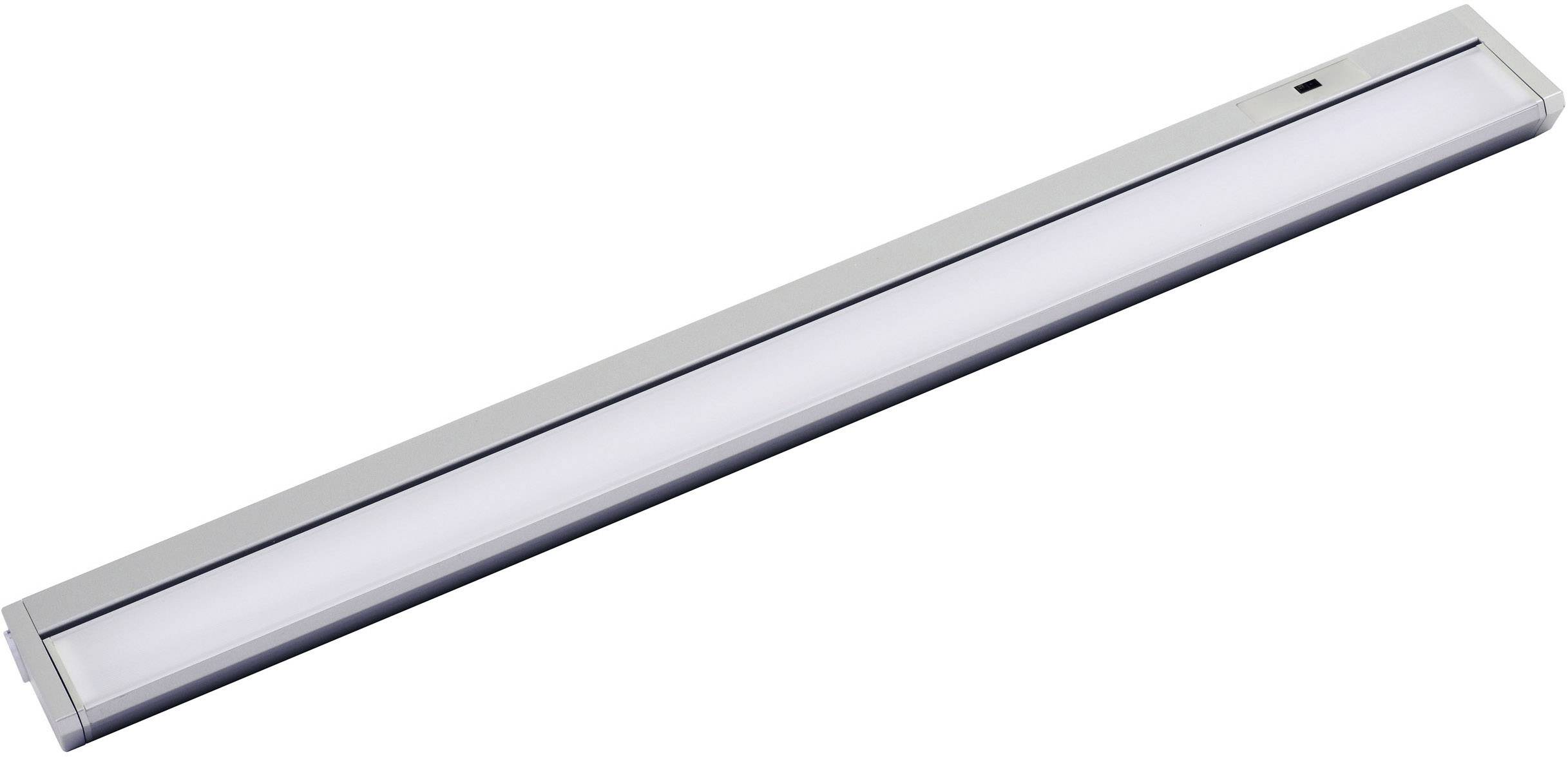 Un luminaire LED allongé en blanc, adapté à une installation sous un meuble, doté d'un interrupteur sur le dessus. Idéal pour les cuisines ou les espaces de travail.
