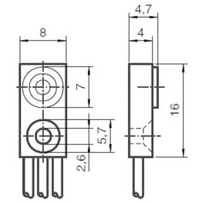 Dessin technique d'un composant électronique avec dimensions : largeur 8 mm, hauteur 16 mm, profondeur 4,7 mm. Vues de face et de côté.